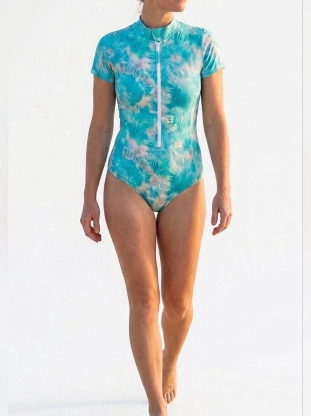Johnny Was Blue Calm Neoprene Tie-Dye Short Sleeve Zipper One-Piece